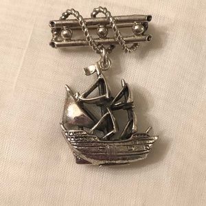 Sterling Silver Tall Ship Brooch Carrack Magellan Articulated Galleon Vintage